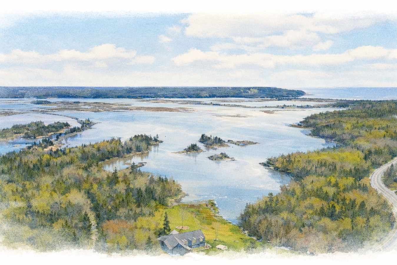 Cole Harbour Water Colour sketch of Harbour aerial view