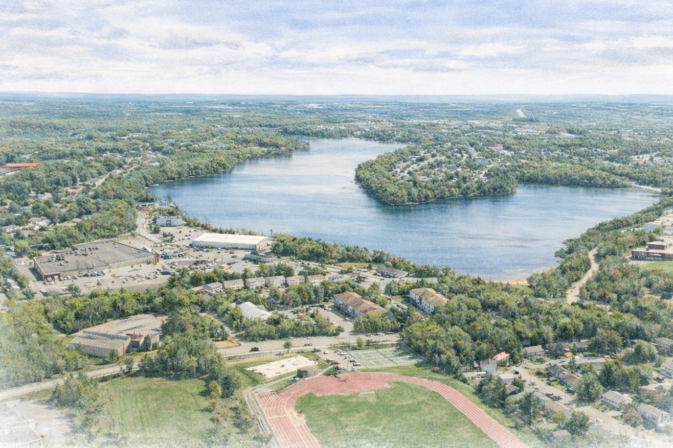 Drone view sketch of Sackville NS Lakes