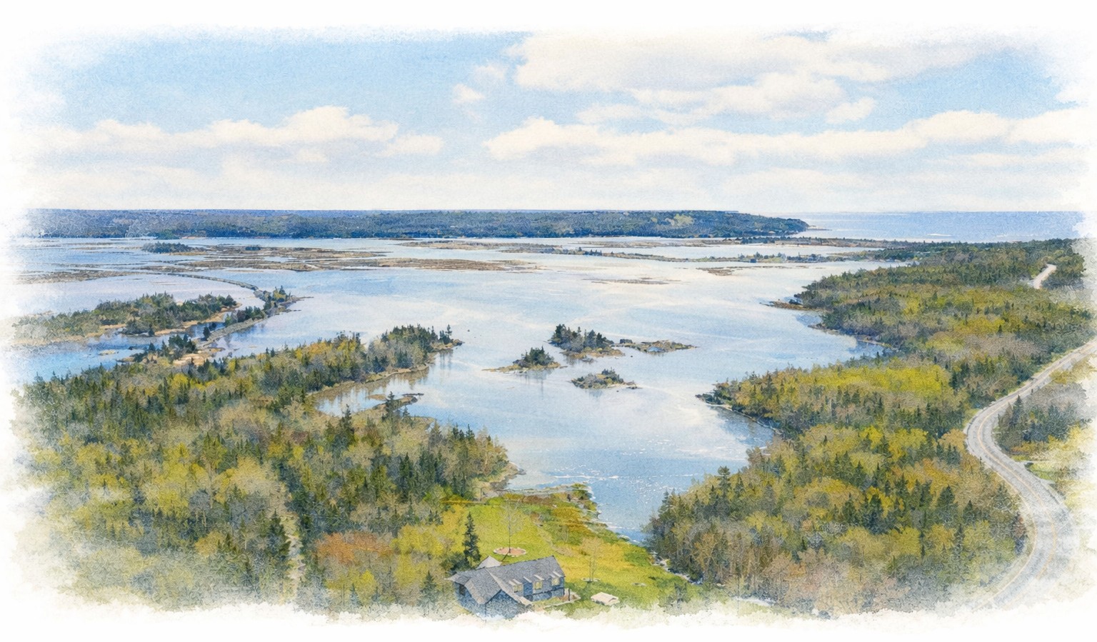 Coastal aerial sketch of Colr Harbour, Nova Scotia