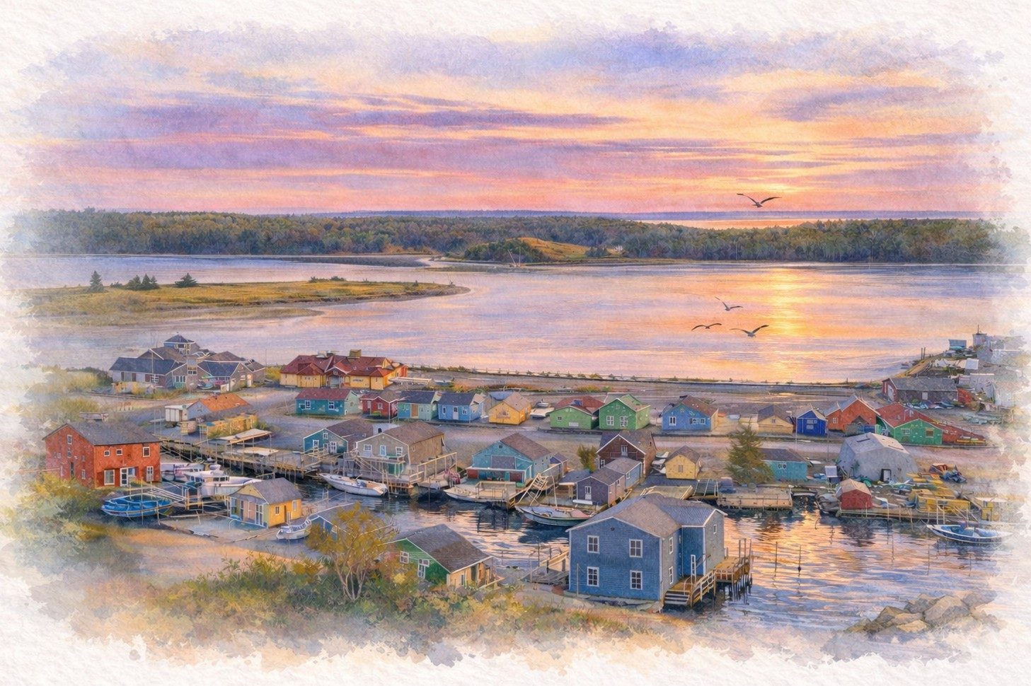 Eastern Passage, NS Waterfront at sunset watercolour sketch
